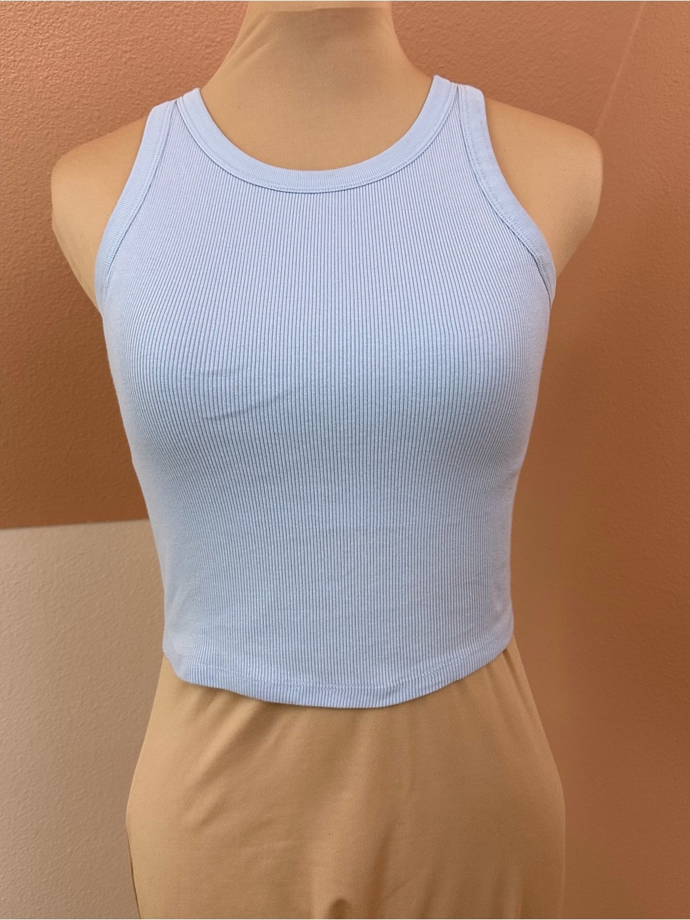 Uniqlo Ribbed Cropped Tank Top Built-In Bra Size S Light Blue Cotton Stretch